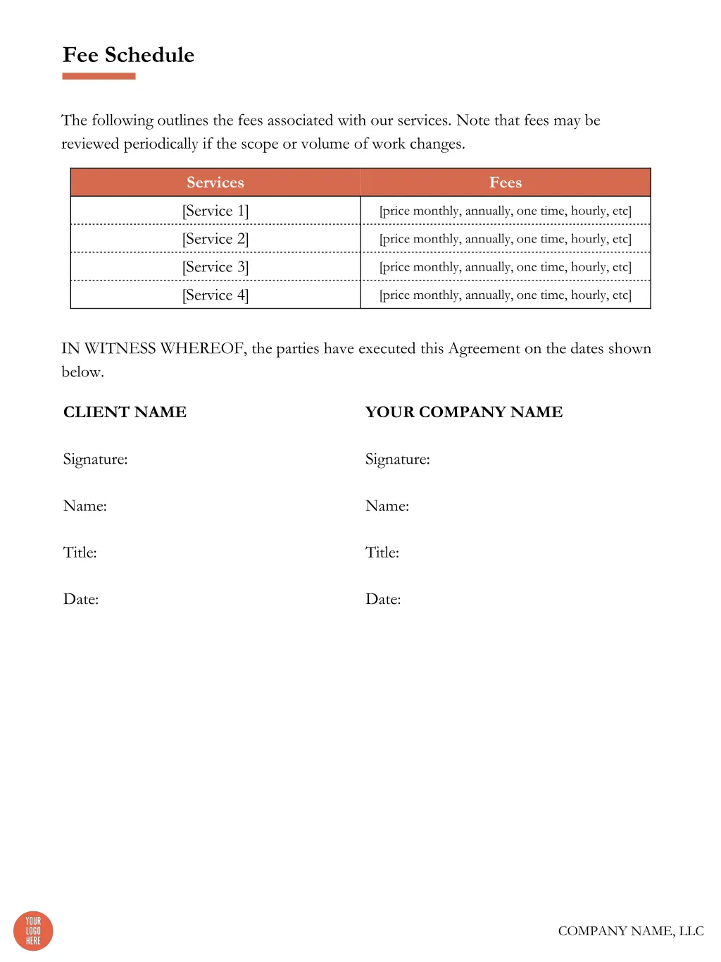 fee schedule