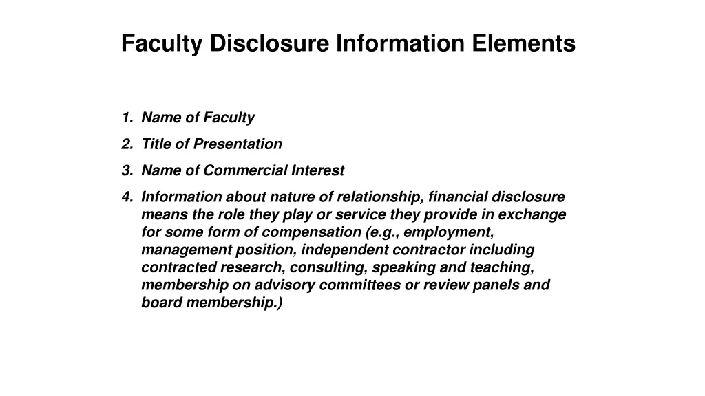 faculty disclosure information elements 1
