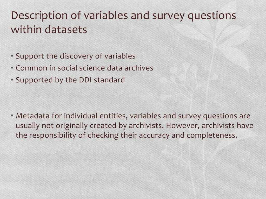 description of variables and survey questions