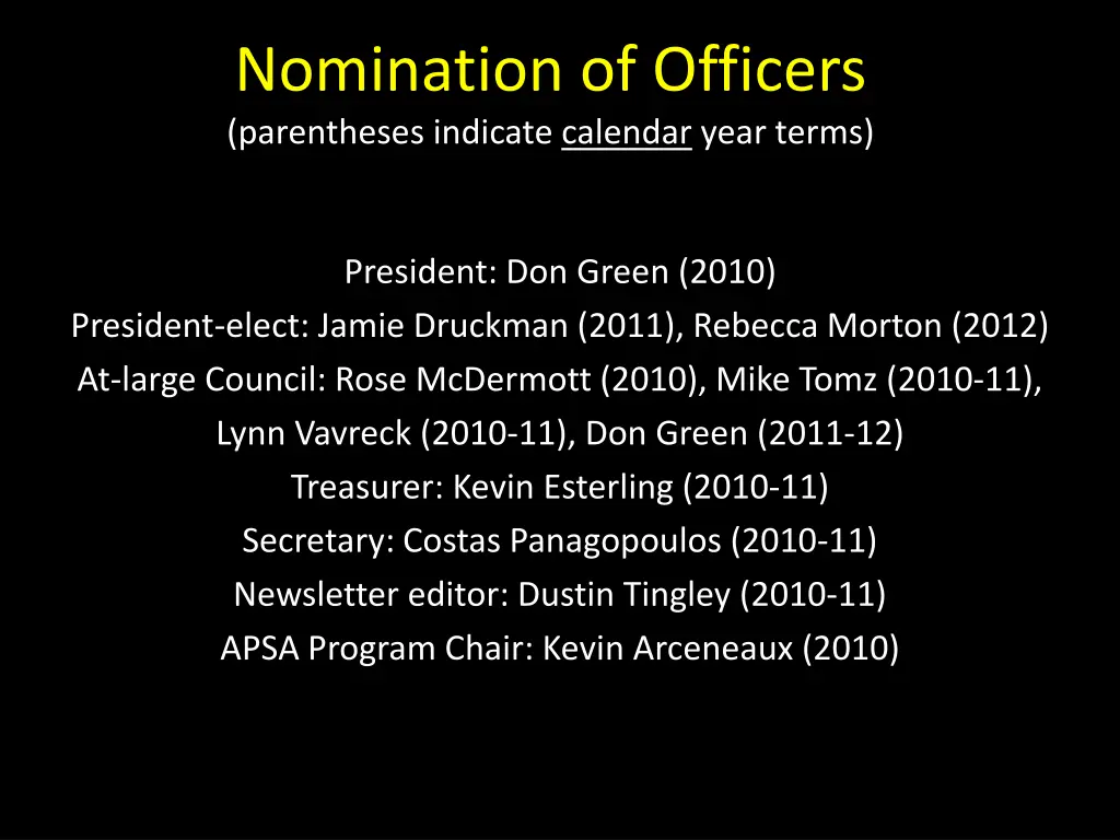 nomination of officers parentheses indicate
