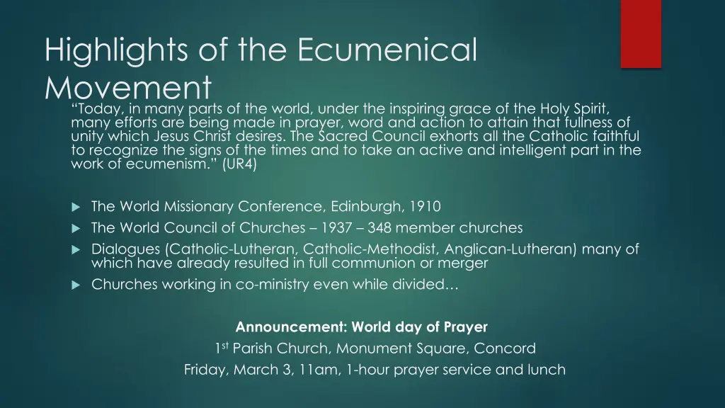 highlights of the ecumenical movement today