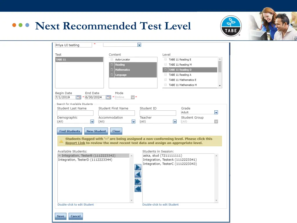 next recommended test level