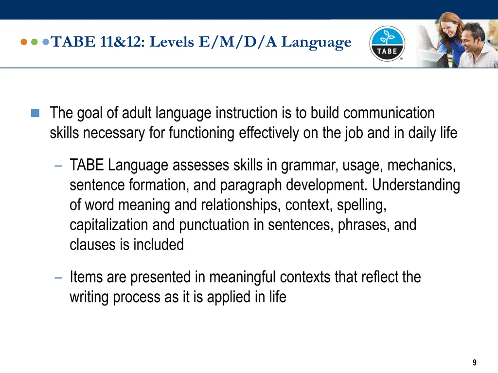 tabe 11 12 levels e m d a language