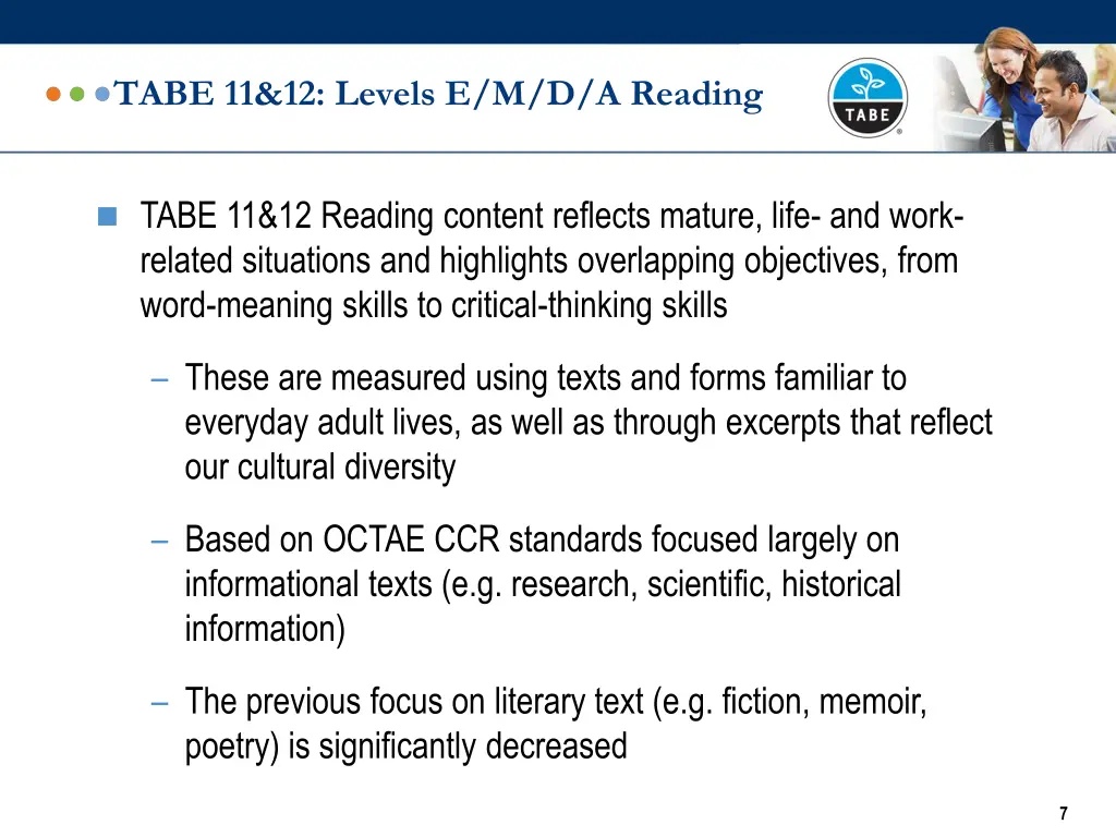 tabe 11 12 levels e m d a reading