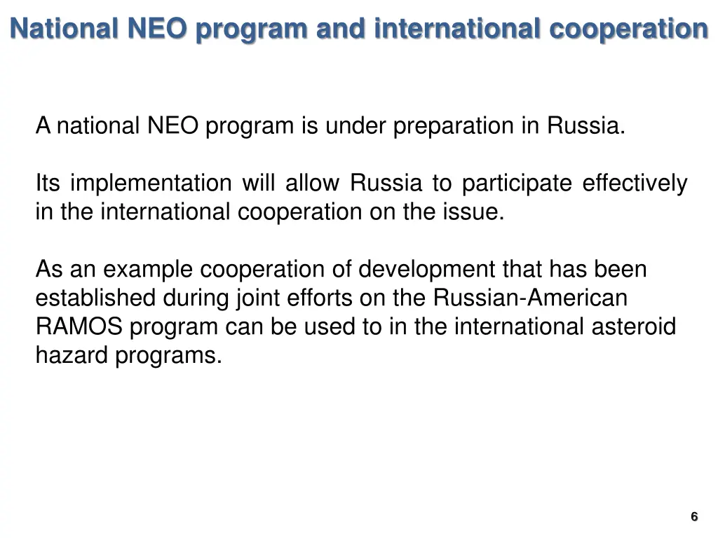 national neo program and international cooperation
