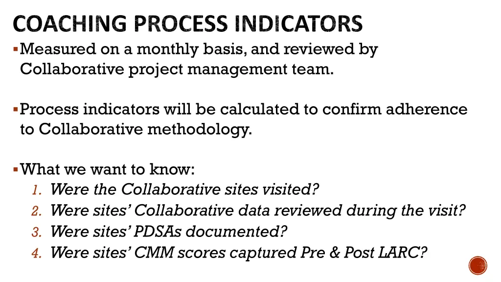 coaching process indicators measured on a monthly