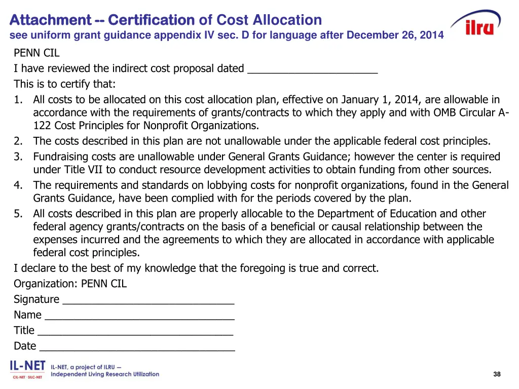certification of cost allocation