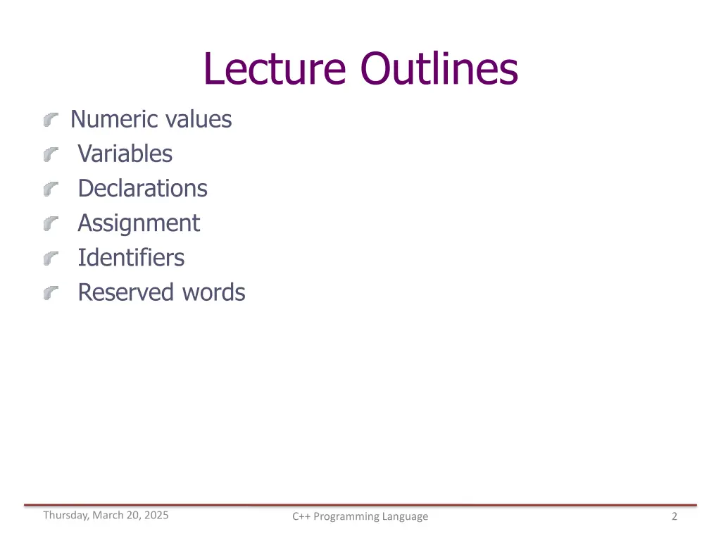 lecture outlines numeric values variables