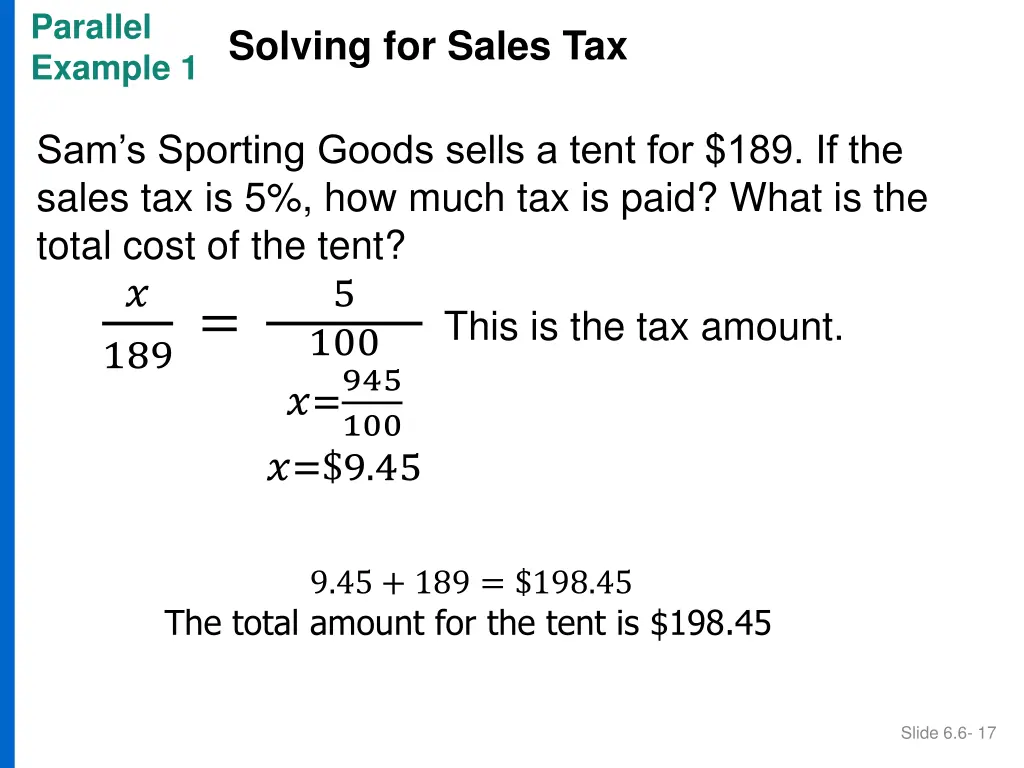parallel example 1 solving for sales tax