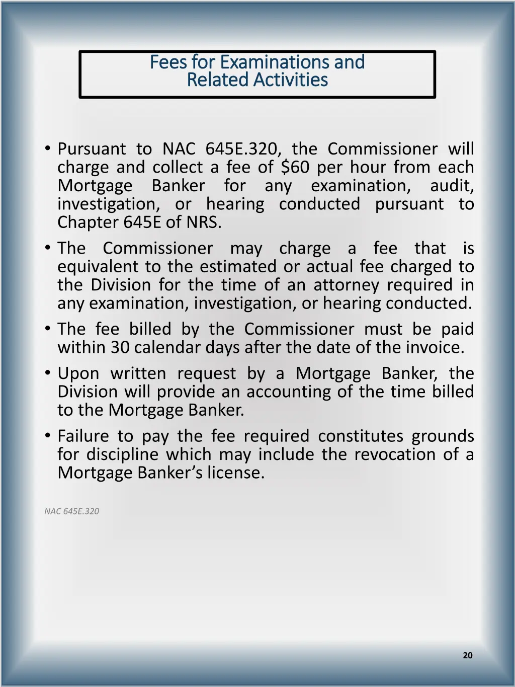fees for examinations and fees for examinations