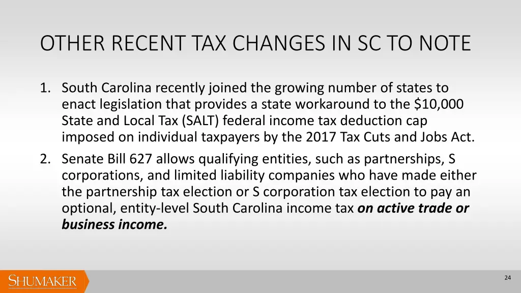 other recent tax changes in sc to note