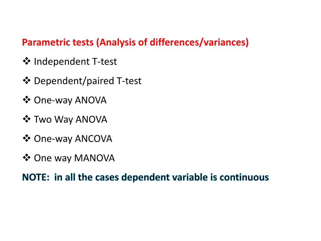 parametric tests analysis of differences variances