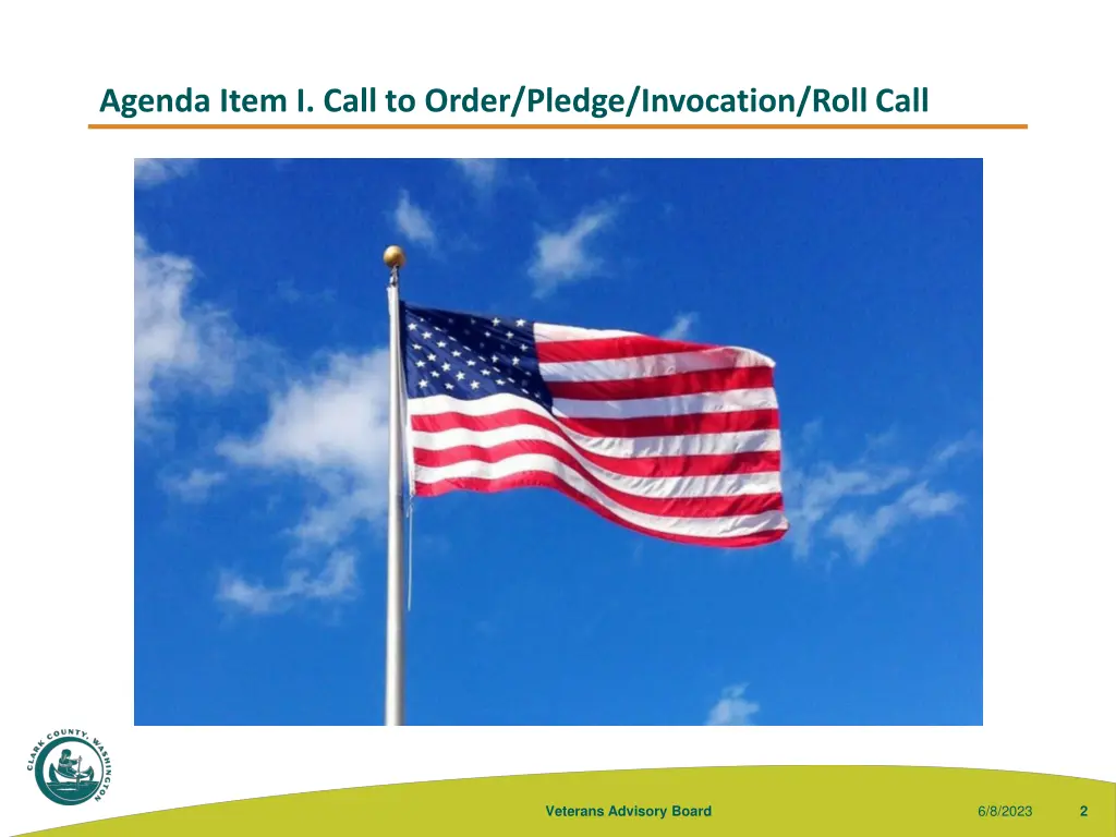 agenda item i call to order pledge invocation
