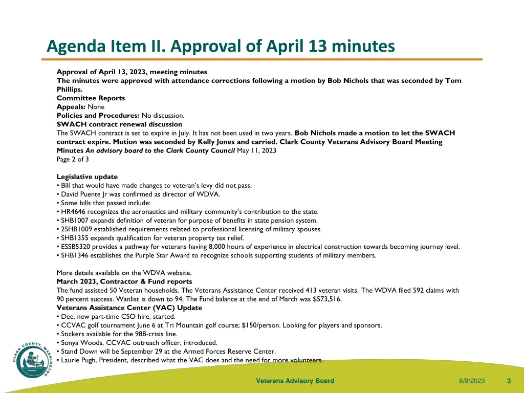 agenda item ii approval of april 13 minutes