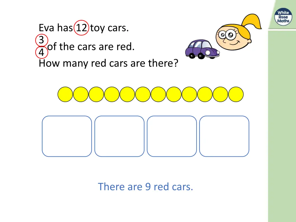 eva has 12 toy cars 3 4 of the cars