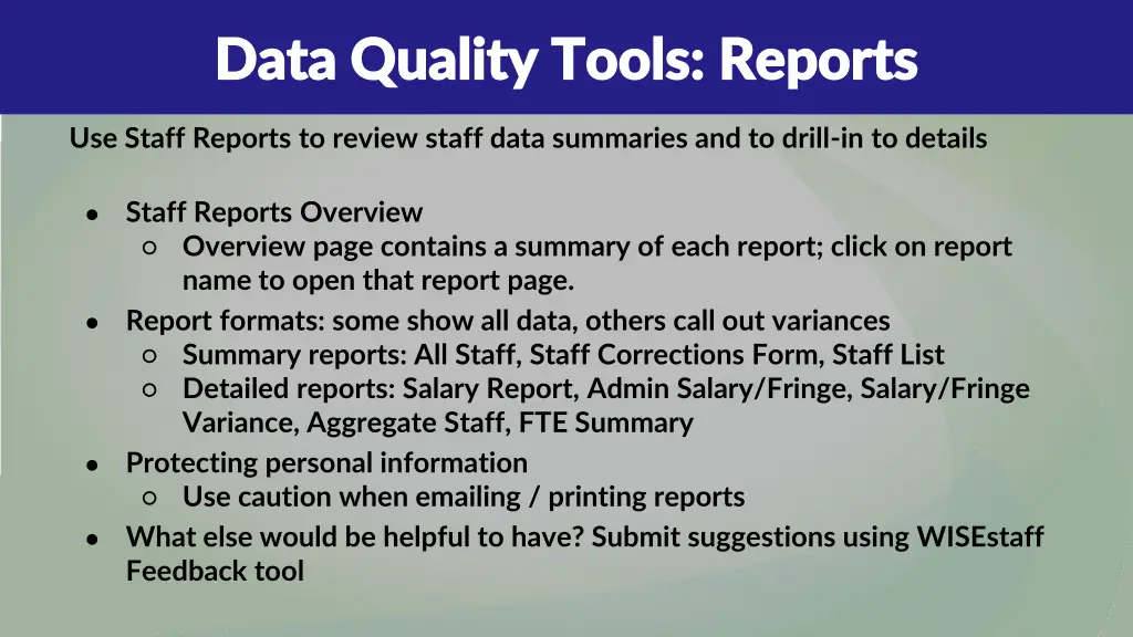 data quality tools reports data quality tools