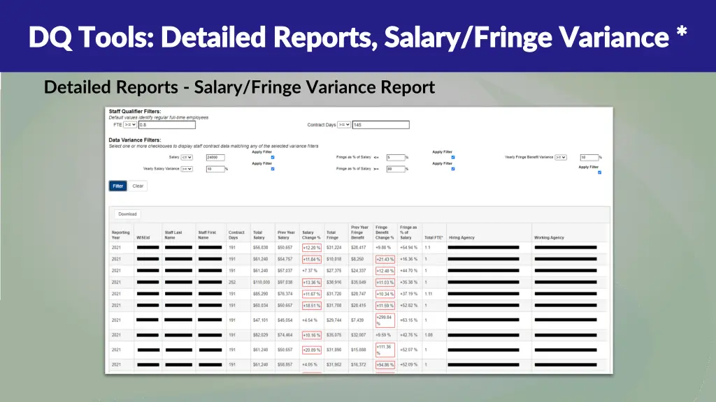 dq tools detailed reports salary fringe variance 1