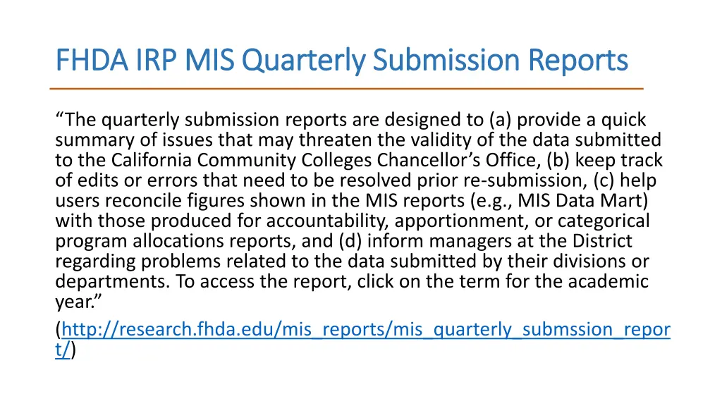 fhda irp mis quarterly submission reports fhda