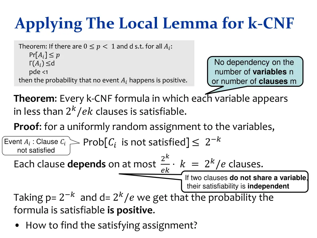 applying the local lemma for k cnf