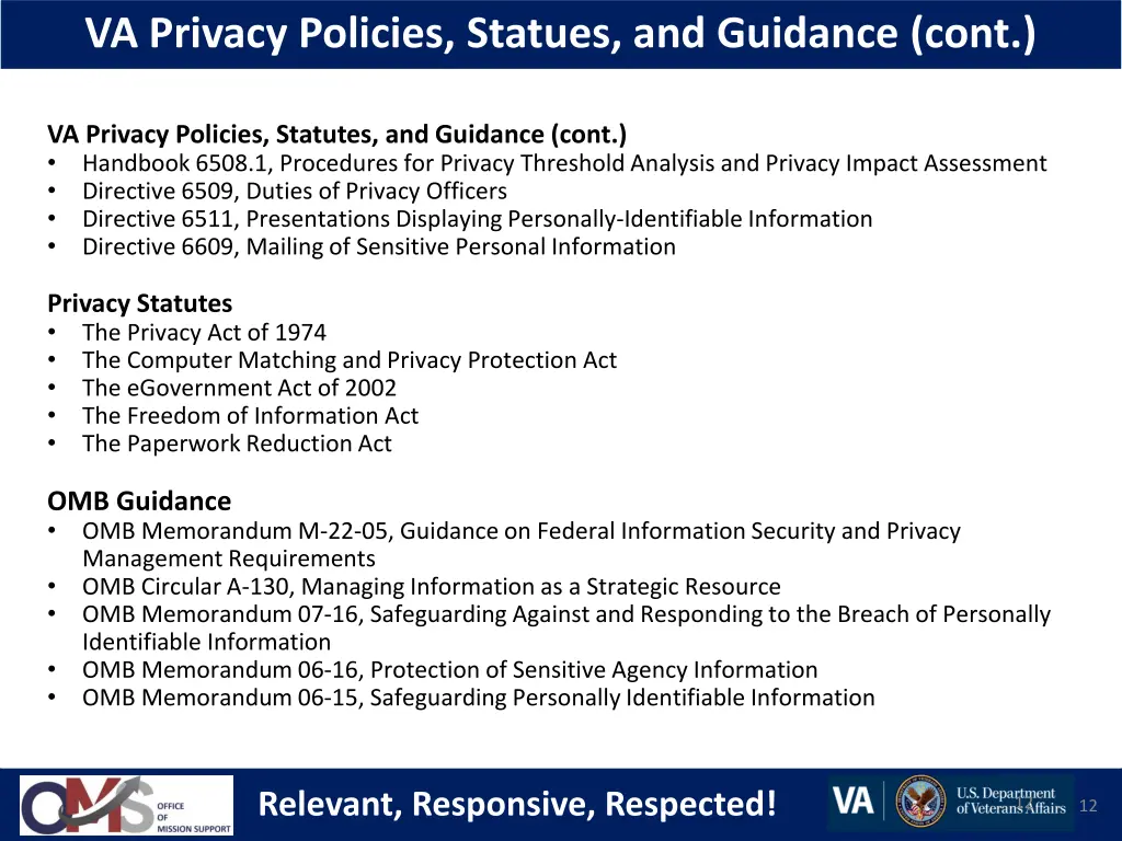 va privacy policies statues and guidance cont