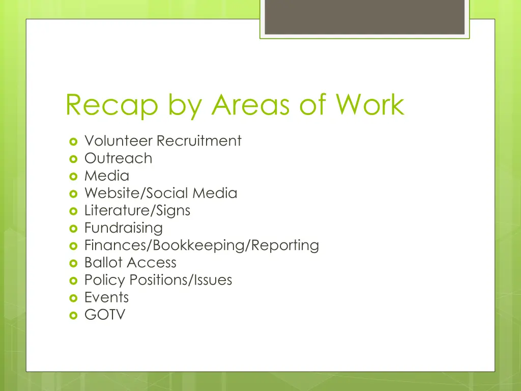 recap by areas of work