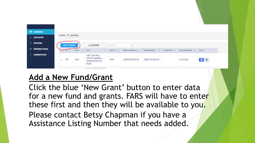 add a new fund grant click the blue new grant