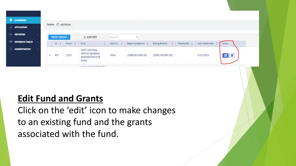 edit fund and grants click on the edit icon