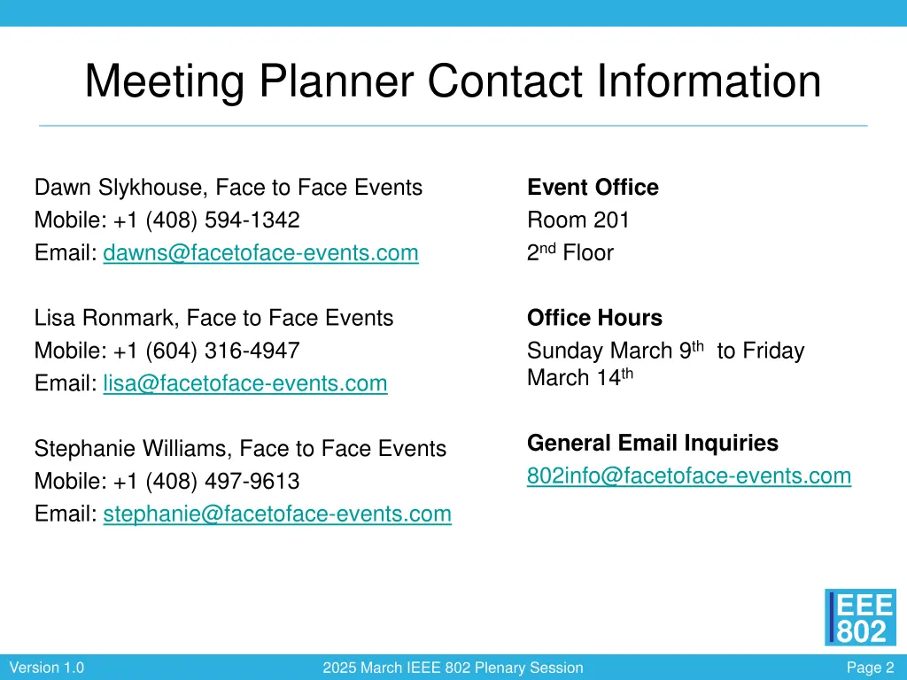 meeting planner contact information