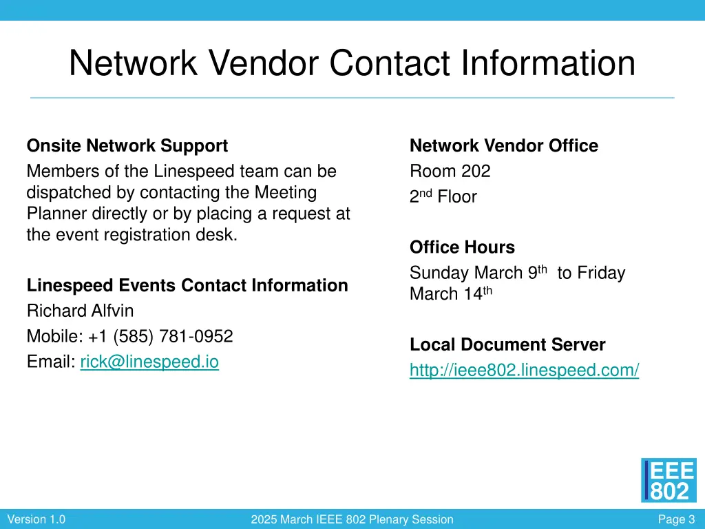 network vendor contact information