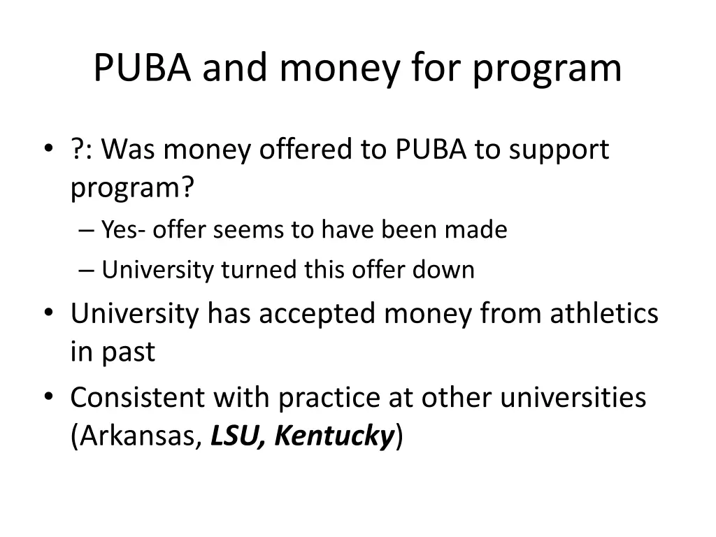 puba and money for program