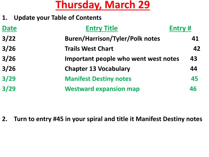 thursday march 29 update your table of contents