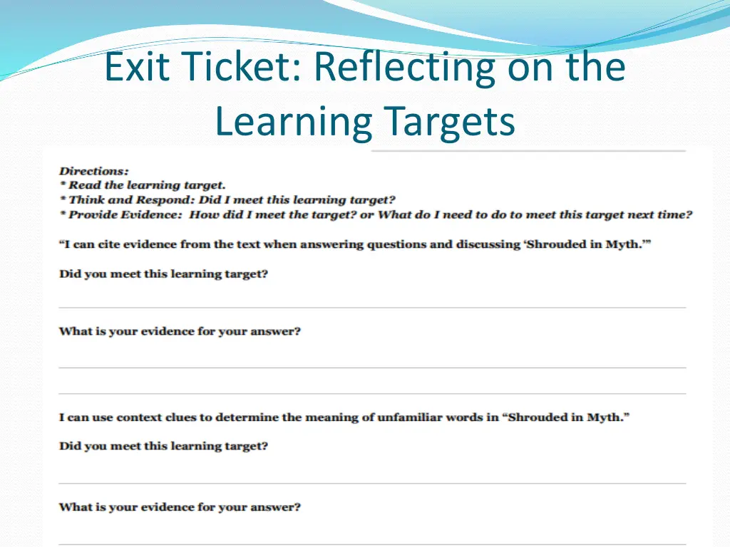 exit ticket reflecting on the learning targets 1