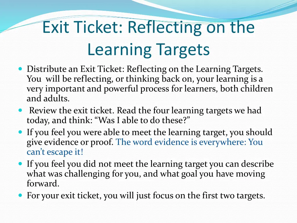 exit ticket reflecting on the learning targets