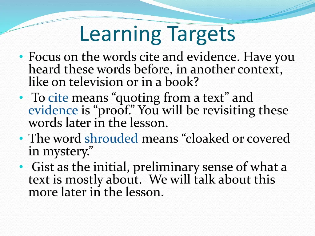 learning targets focus on the words cite