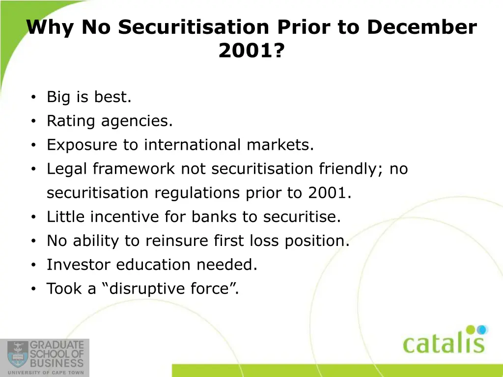 why no securitisation prior to december 2001
