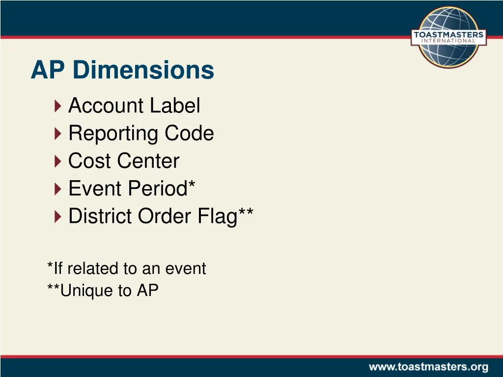 ap dimensions account label reporting code cost