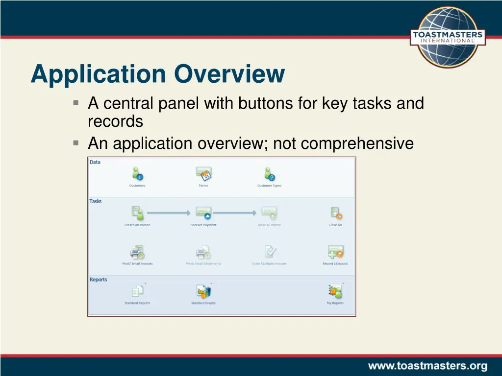 application overview a central panel with buttons