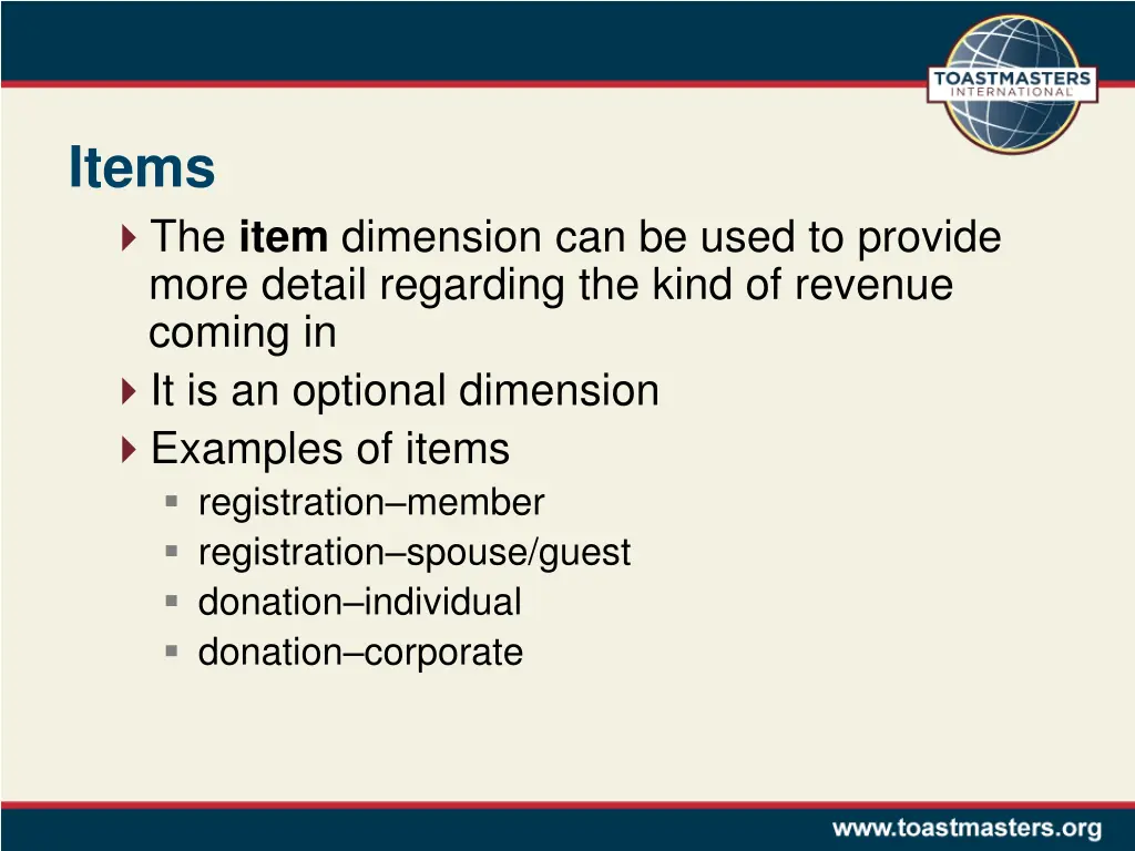 items the item dimension can be used to provide