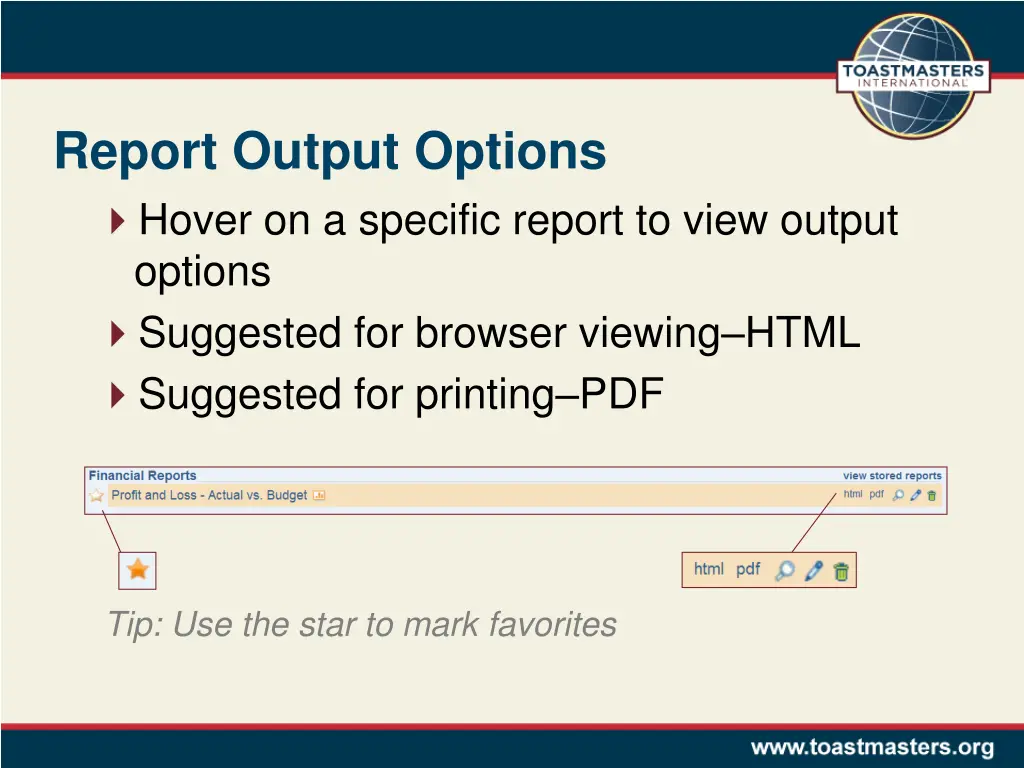 report output options hover on a specific report