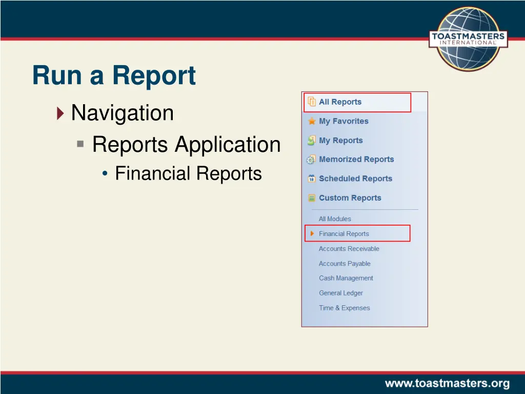 run a report navigation reports application
