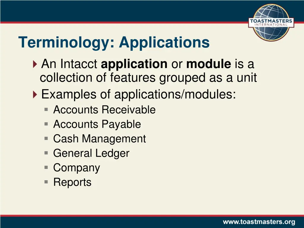 terminology applications an intacct application
