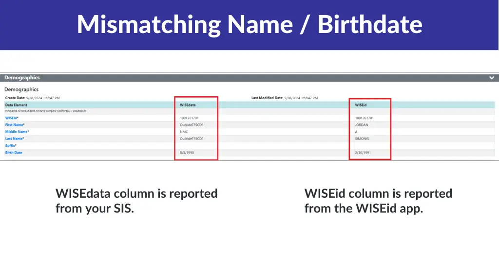 mismatching name birthdate