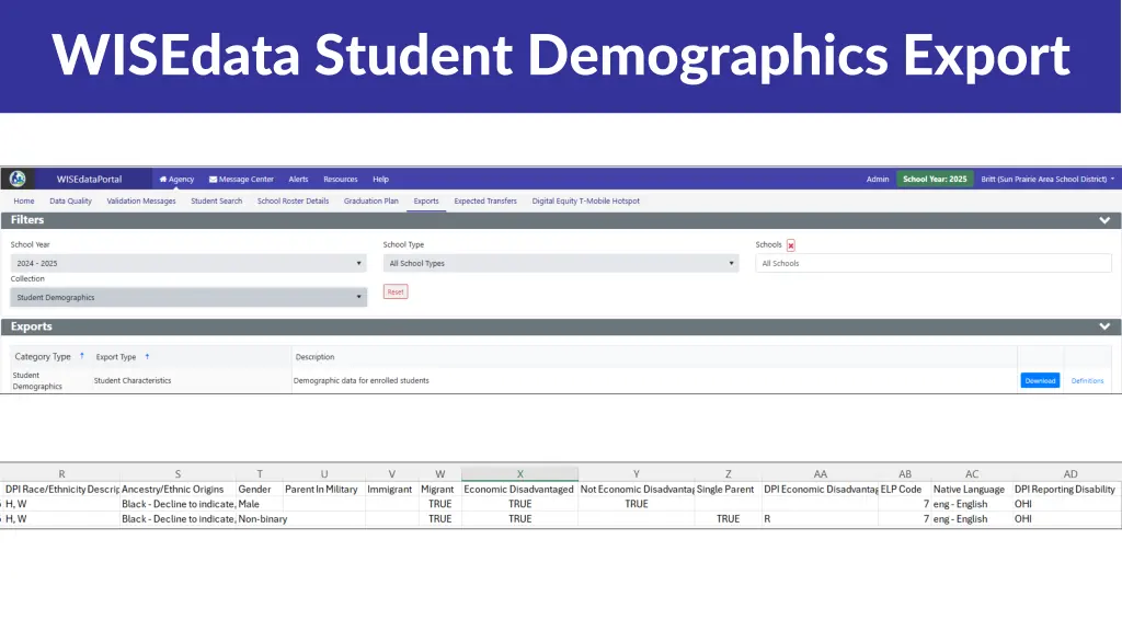 wisedata student demographics export