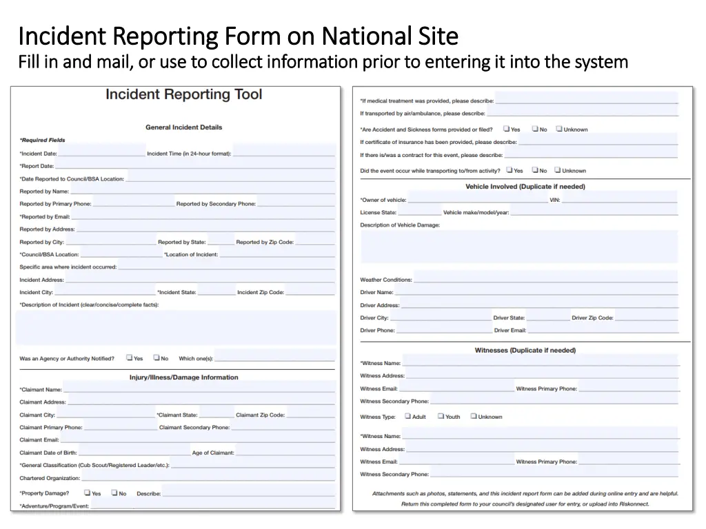 incident reporting form on national site incident