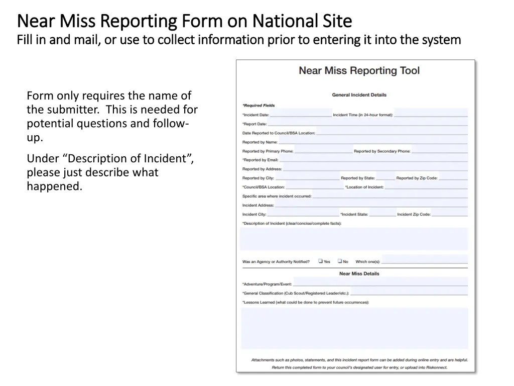 near miss reporting form on national site near