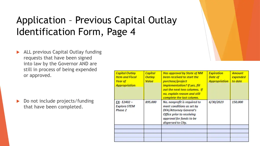 application previous capital outlay