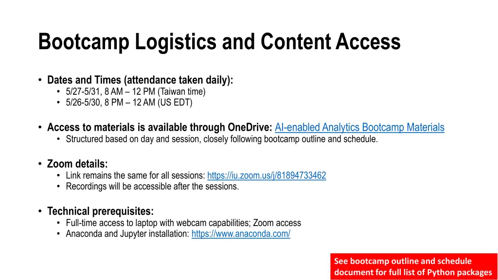 bootcamp logistics and content access