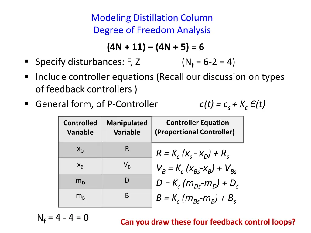modeling distillation column degree of freedom 2