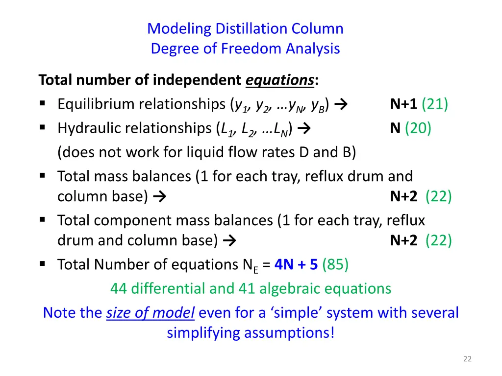 modeling distillation column degree of freedom