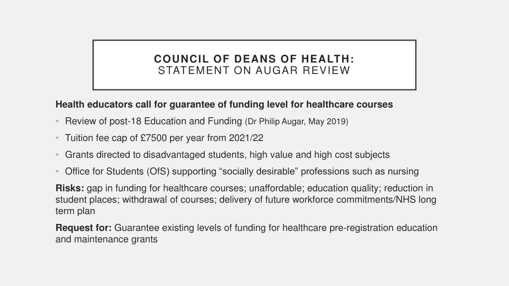 council of deans of health statement on augar